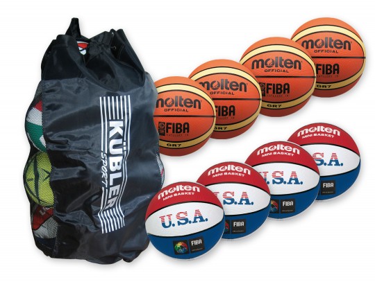 All-In Sport: <p>Bestaande uit:</p>
<ul>
<li>4 x B9915 basketbal molten BGR7,</li>
<li>4 x B1447 basketbal molten BC7R-USA</li>
<li>1 x ballenzak.<...