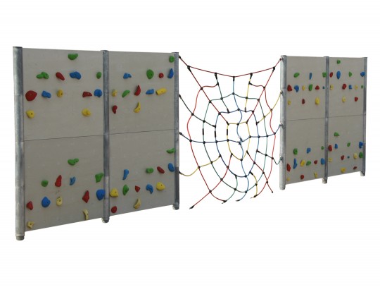 All-In Sport: 2-delige Boulderwanden van Polymerbeton met een klimnet 3 x 3 m geïntegreerd. Deze constructie kan vrijwel overal opgesteld worden. Vanwe...