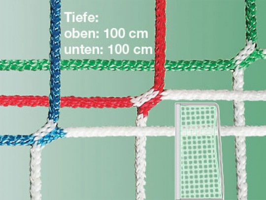 All-In Sport: Polypropyleen 4 mm, slijtvast, knooploos, in clubkleuren. Diepte: boven en onder 100 cm.