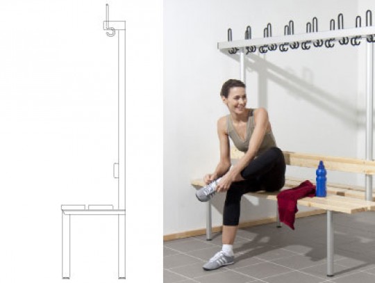 All-In Sport: Umkleidebänke freistehend. Standfüße aus Leichtmetall natur eloxiert Ø 42 mm, mit Verstellgleitern. 2 Sitzauflagen aus Fichte-Leimholz 15...