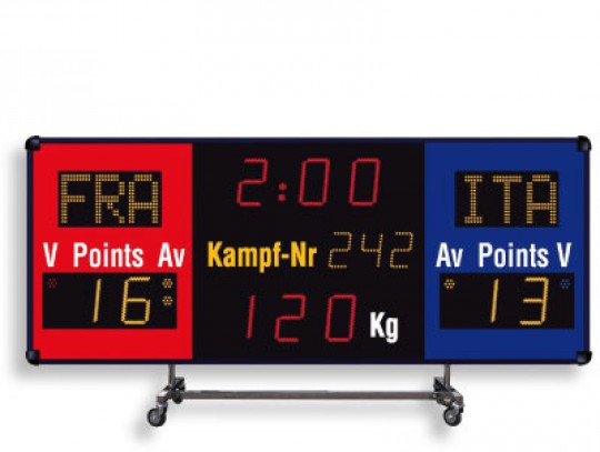 All-In Sport: Wedstrijd scorebord op transportwagen voor flexibel gebruik, met geïntegreerde toeter (100 dBa). Functies: