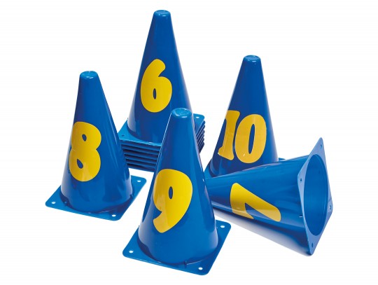 All-In Sport: Set van 11 kunststof kegels met cijfers van 0-10. Hoogte 23 cm. 