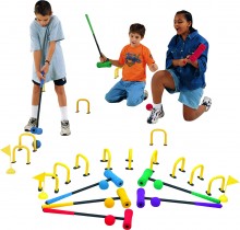 All-In Sport: Deze indoor Super Foam Croquet-set bestaat uit 6 foam sticks (63 cm lang, kop 6,3 cm doorsnede en 18 cm lang), 6 no-bounceballen 8 cm, 9 ...