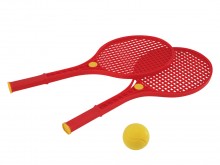 All-In Sport: Populair recreatiespel met 2 robuuste kunststof rackets (lengte 53 cm) en een foam tennisbal.